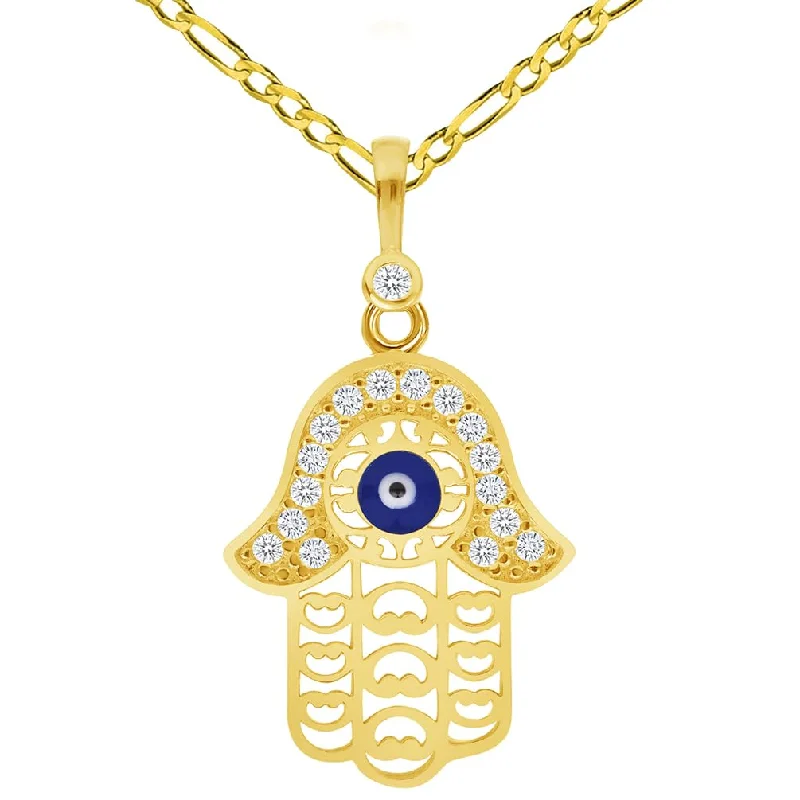 14k Yellow Gold Cubic-Zirconia Filigree Blue Evil Eye Charm Pendant with Rolo Cable, Cuban Curb, or Figaro Chain Necklace