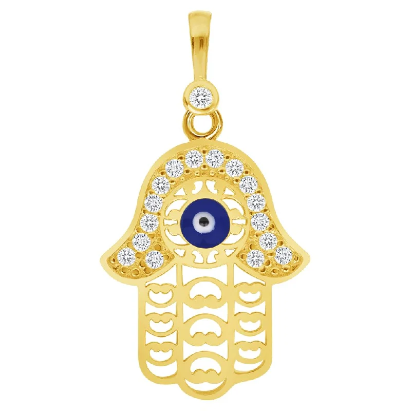 14k Yellow Gold Cubic-Zirconia Filigree Blue Evil Eye Charm Pendant with Rolo Cable, Cuban Curb, or Figaro Chain Necklace