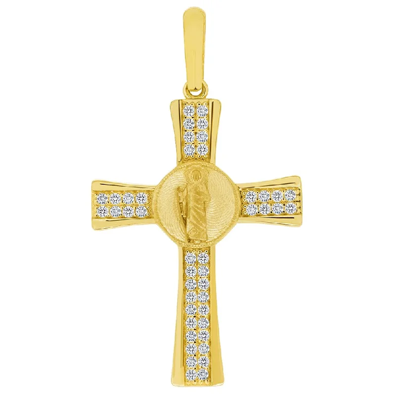 14k Yellow Gold Cubic Zirconia Saint Jude Cross Pendant with Rolo Cable, Cuban Curb, or Figaro Chain Necklace