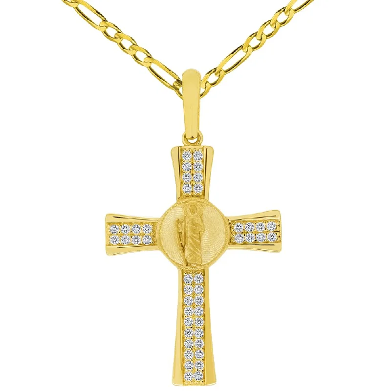 14k Yellow Gold Cubic Zirconia Saint Jude Cross Pendant with Rolo Cable, Cuban Curb, or Figaro Chain Necklace