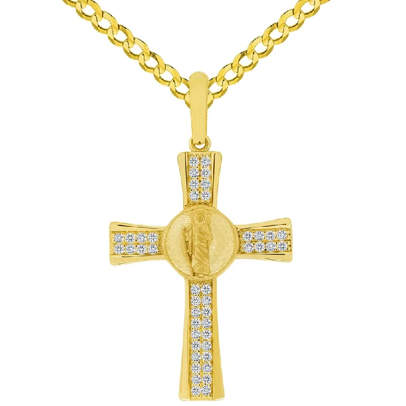 14k Yellow Gold Cubic Zirconia Saint Jude Cross Pendant with Rolo Cable, Cuban Curb, or Figaro Chain Necklace