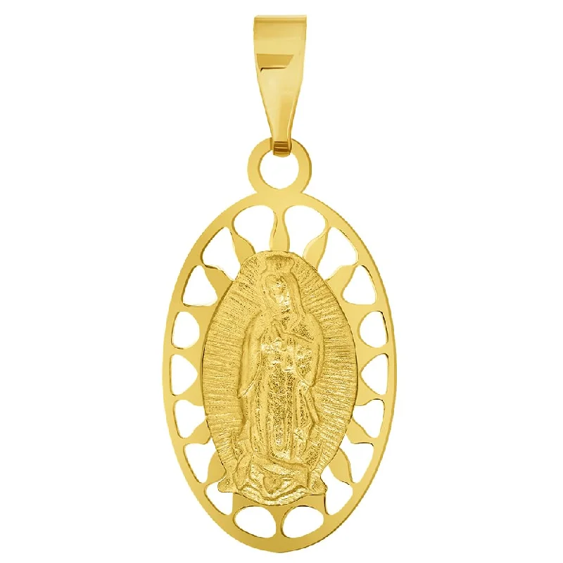 14k Yellow Gold Our Lady Of Guadalupe Elegant Oval Medallion Pendant with Rolo Cable, Cuban Curb, or Figaro Chain Necklace