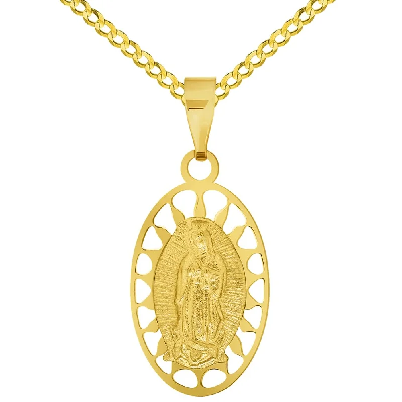 14k Yellow Gold Our Lady Of Guadalupe Elegant Oval Medallion Pendant with Rolo Cable, Cuban Curb, or Figaro Chain Necklace