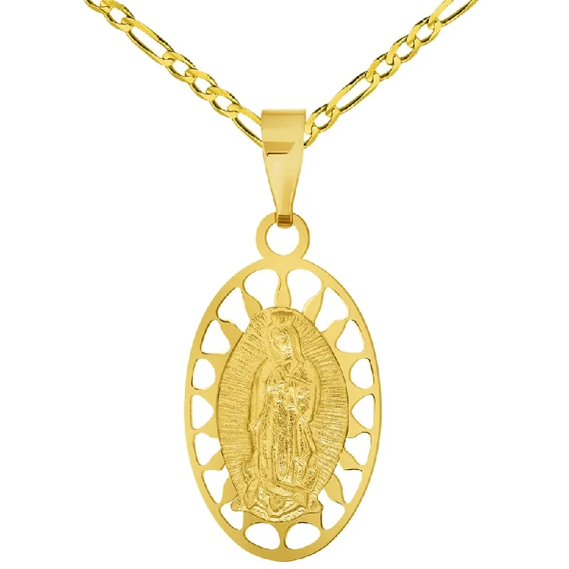 14k Yellow Gold Our Lady Of Guadalupe Elegant Oval Medallion Pendant with Rolo Cable, Cuban Curb, or Figaro Chain Necklace