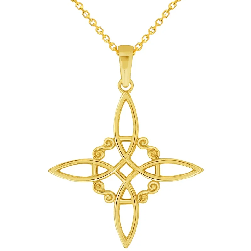 14k Yellow Gold Witch's Knot Cross Wiccan Symbol Pendant with Rolo Cable, Cuban Curb, or Figaro Chain Necklace