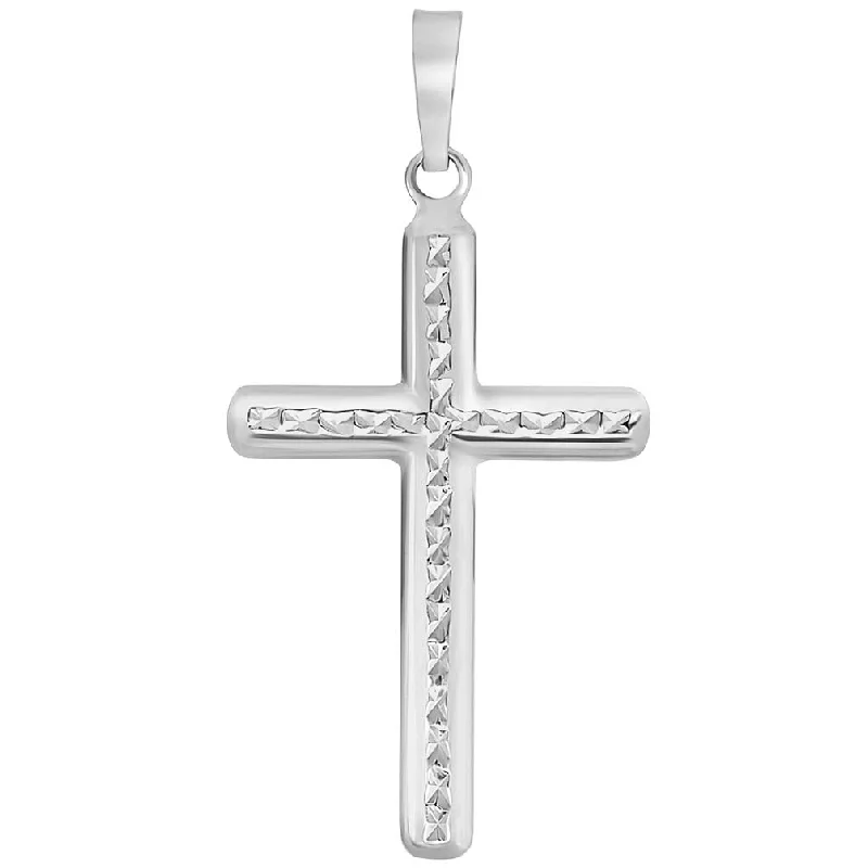 14k White Gold Textured Religious Classic Cross Pendant Necklace with Rolo Cable Chain