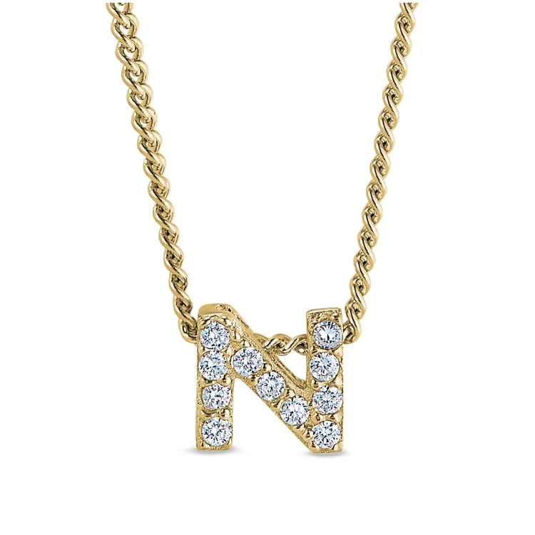 Gold Finish Sterling Silver Micropave N Initial Pendant with Simulated Diamonds on 18