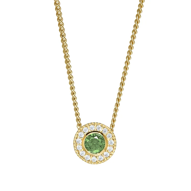 Gold Micropave Round Simulated Peridot Birth Gem Pendant with Simulated Diamonds on 18