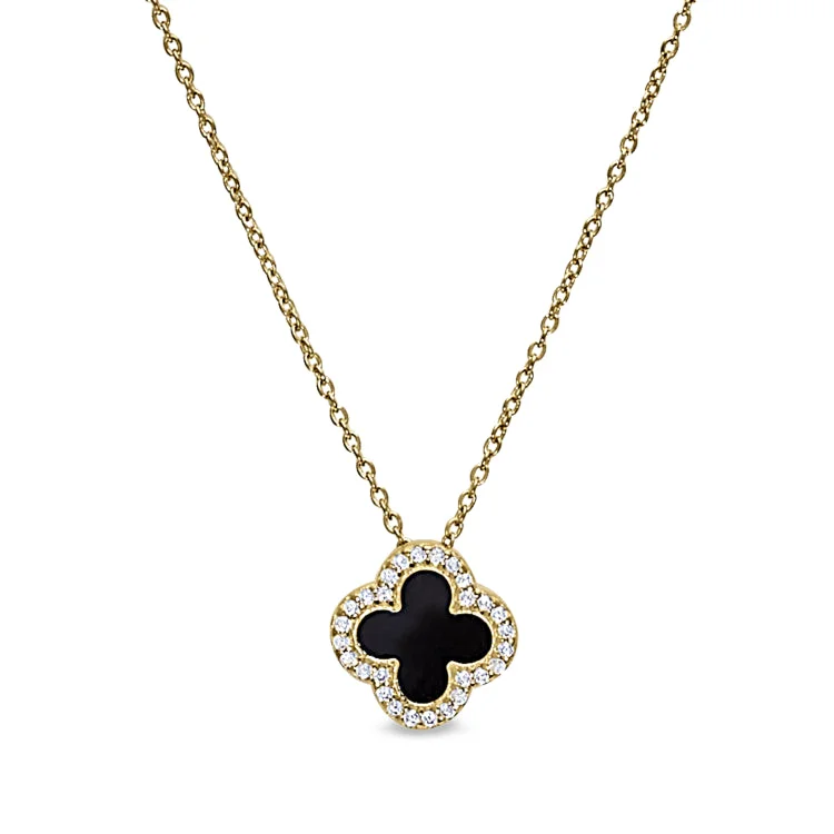 Gold Vermeil Sterling Silver Micropave Black Enamel Clover Pendant with Simulated Diamonds on 16