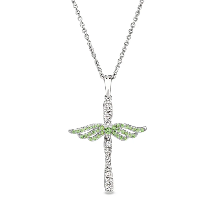 Platinum Finish Sterling Silver Micropave Angel Wings Cross with Simulated Peridot & Diamonds on 16