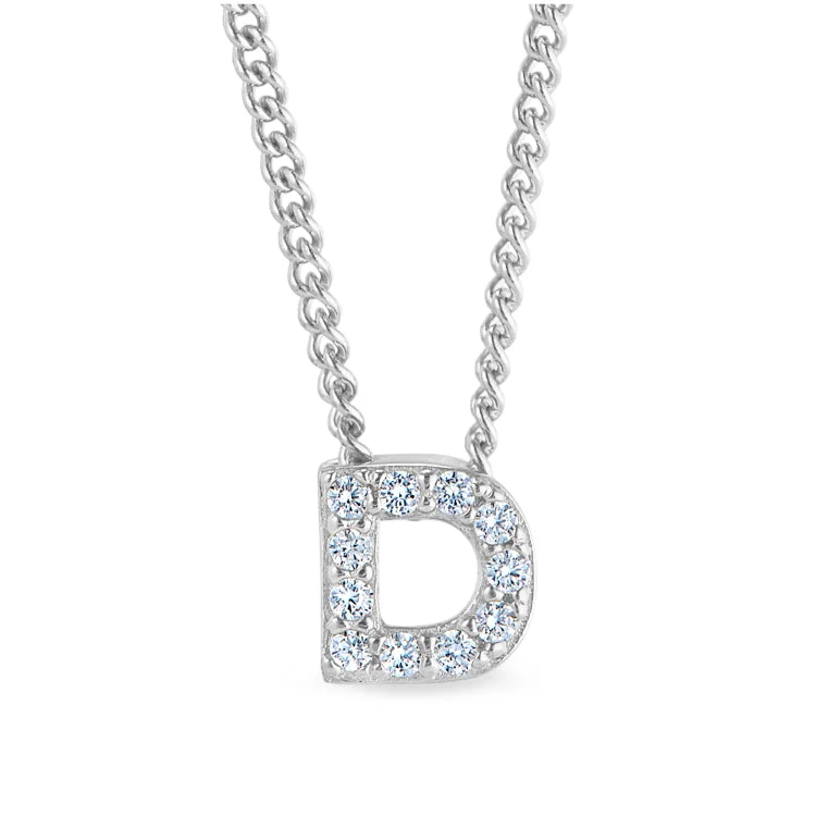 Platinum Finish Sterling Silver Micropave D Initial Pendant with Simulated Diamonds on 18