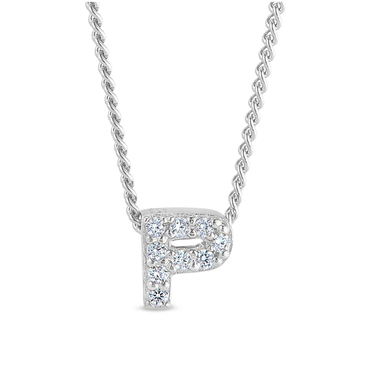 Platinum Finish Sterling Silver Micropave P Initial Pendant with Simulated Diamonds on 18