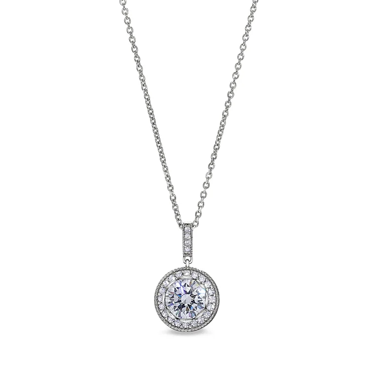 Platinum Finish Sterling Silver Micropave Round Halo Pendant with Simulated Diamonds on 16