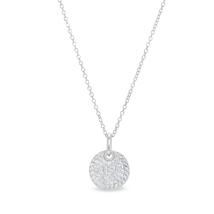 Platinum Finish Sterling Silver Micropave Round Pendant with Simulated Diamonds on 18