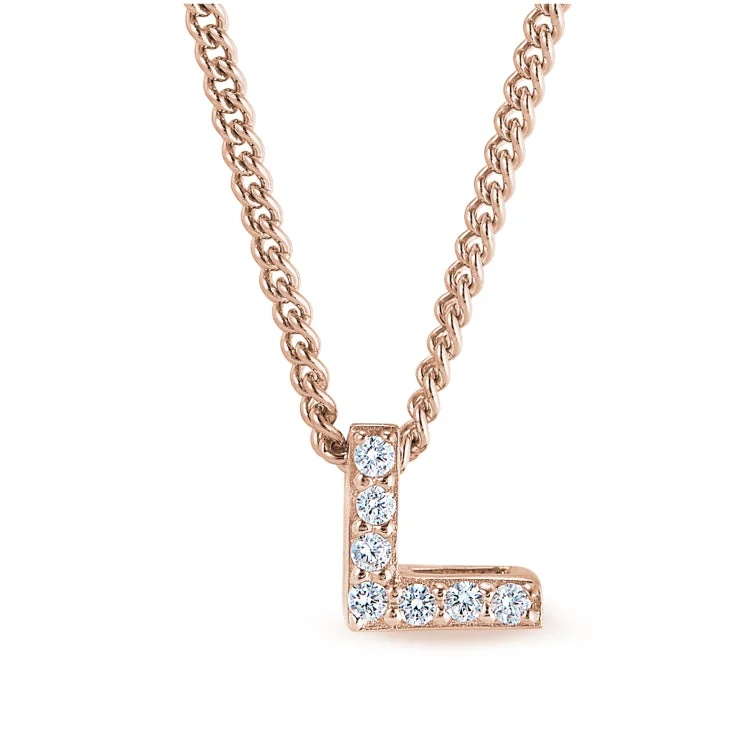 Rose Gold Finish Sterling Silver Micropave L Initial Pendant with Simulated Diamonds on 18