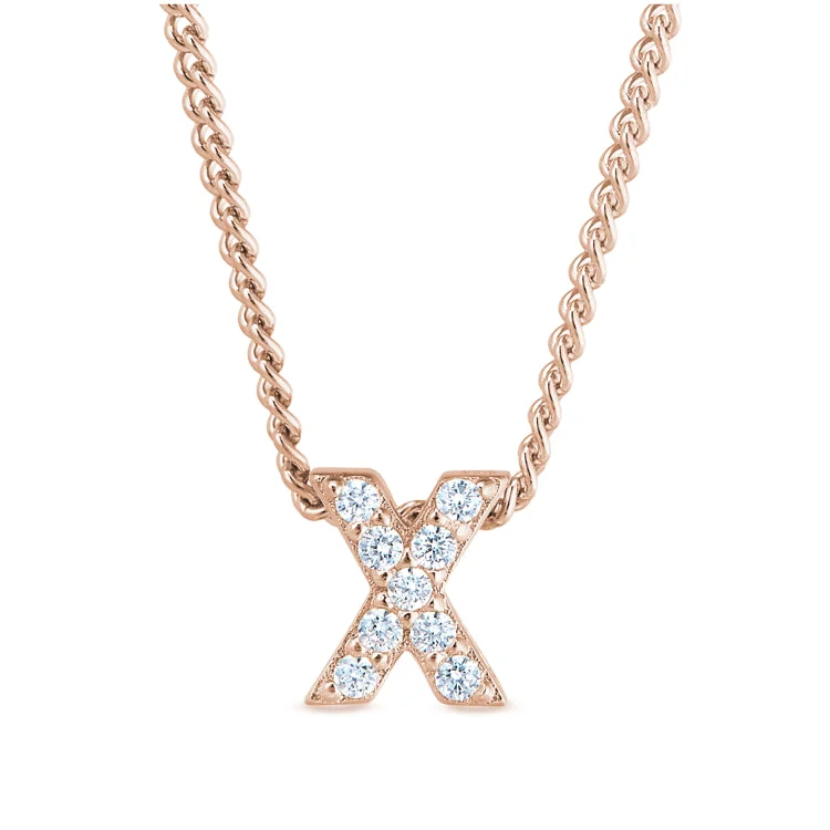 Rose Gold Finish Sterling Silver Micropave X Initial Pendant with Simulated Diamonds on 18