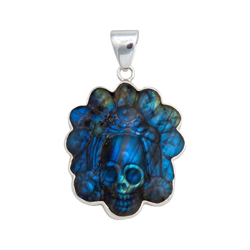 Silver Labradorite Headdress Skull Pendant