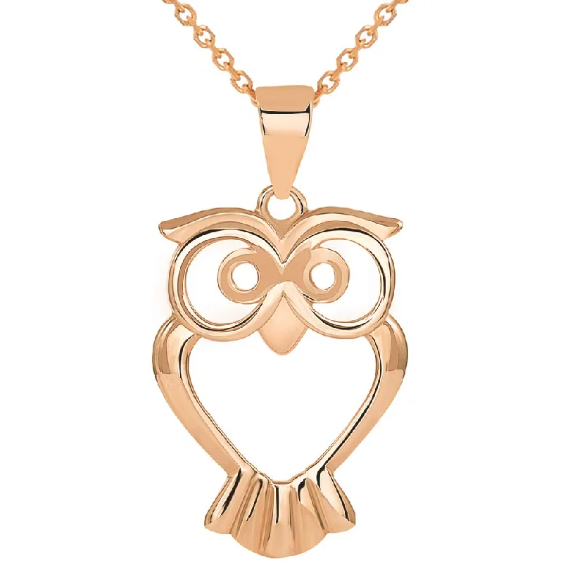 Solid 14k Rose Gold Big Eyes Owl Animal Pendant Necklace