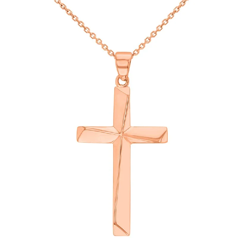 Solid 14K Rose Gold Elegant Religious Cross Pendant Necklace