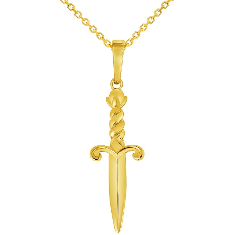 Solid 14k Yellow Gold 3D Dagger Knife Pendant with Rolo Cable, Cuban Curb, or Figaro Chain Necklace (1.25 Inch Height)