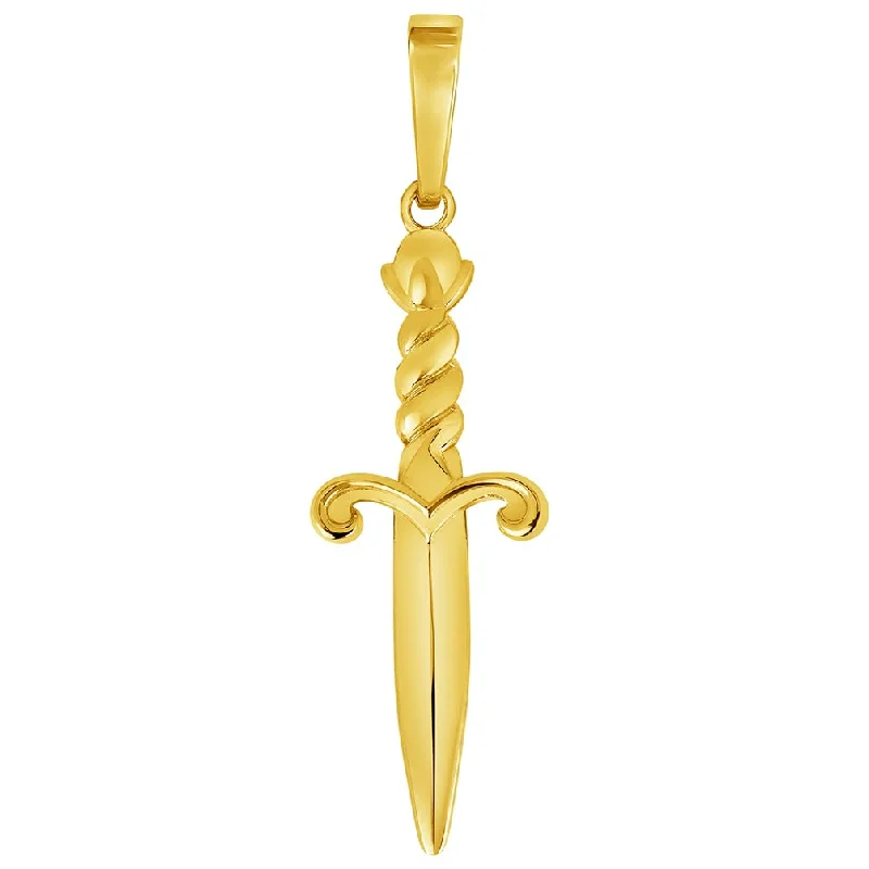 Solid 14k Yellow Gold 3D Dagger Knife Pendant with Rolo Cable, Cuban Curb, or Figaro Chain Necklace (1.25 Inch Height)