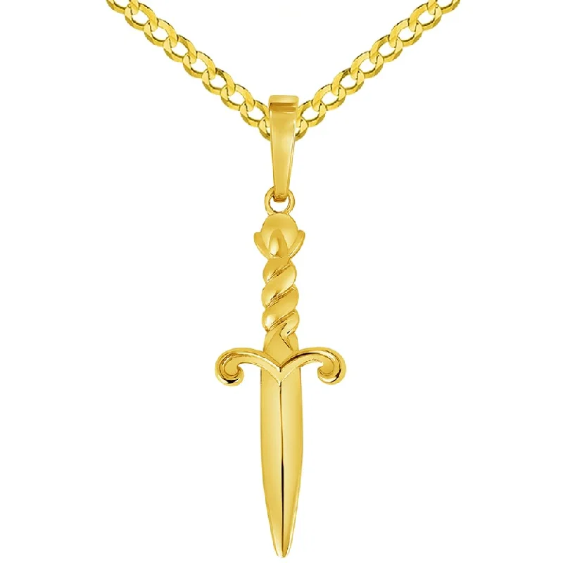 Solid 14k Yellow Gold 3D Dagger Knife Pendant with Rolo Cable, Cuban Curb, or Figaro Chain Necklace (1.25 Inch Height)