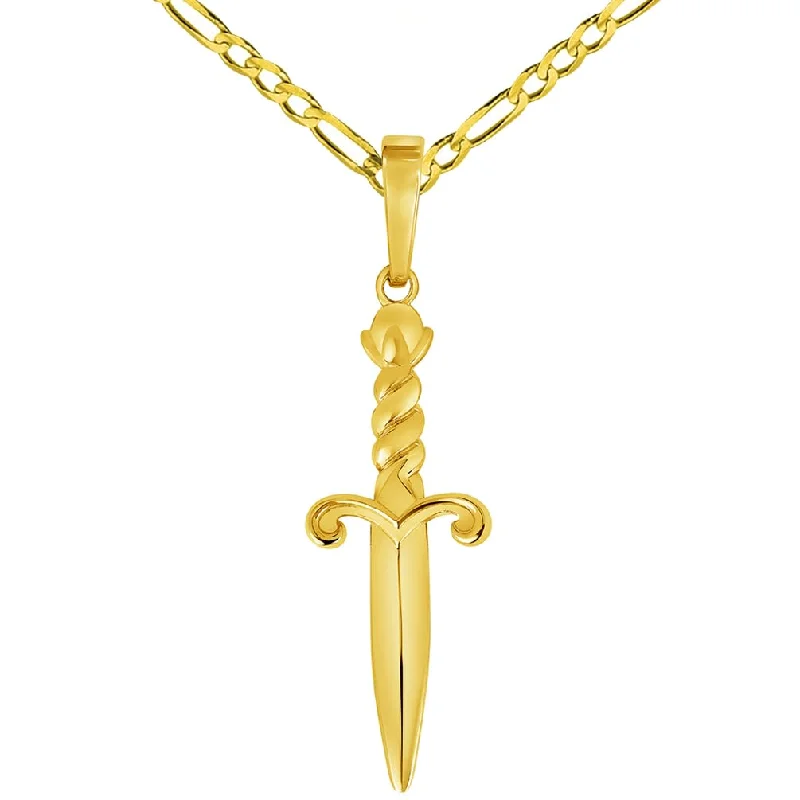 Solid 14k Yellow Gold 3D Dagger Knife Pendant with Rolo Cable, Cuban Curb, or Figaro Chain Necklace (1.25 Inch Height)