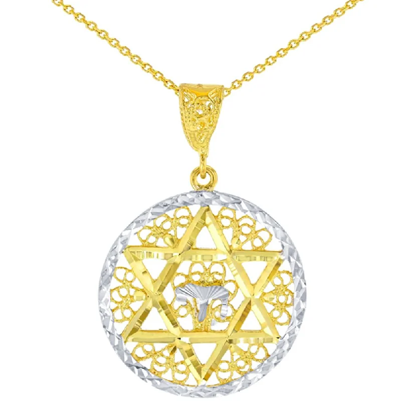 Solid 14K Yellow Gold Round Star of David with Chai Symbol Pendant Necklace