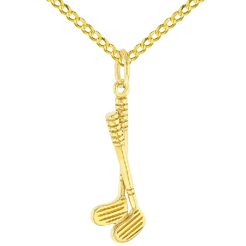 Solid 14K Yellow Gold Set of Golf Clubs Charm Sports Pendant with Cable, Curb, or Figaro Chain Necklaces