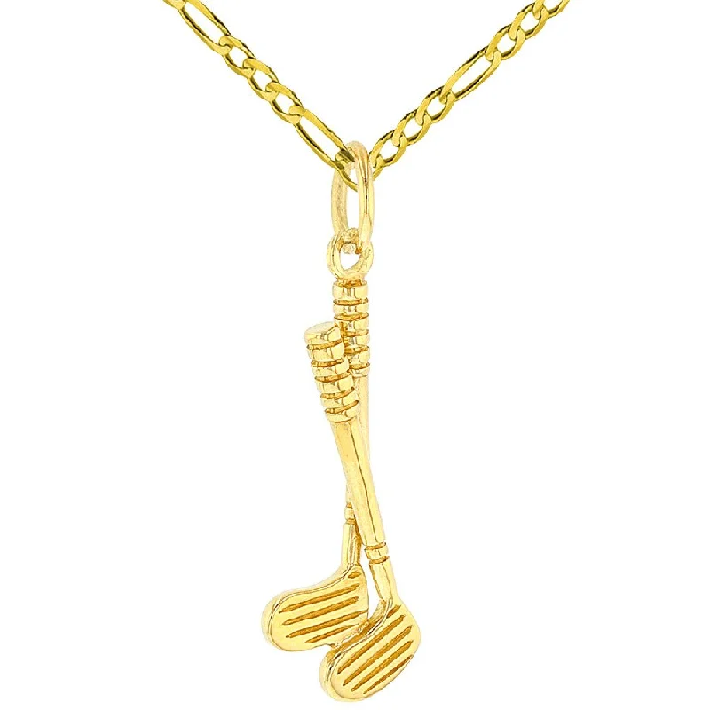 Solid 14K Yellow Gold Set of Golf Clubs Charm Sports Pendant with Cable, Curb, or Figaro Chain Necklaces