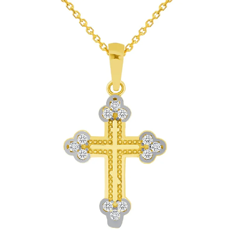 Solid 14k Yellow Gold Small C-Z Eastern Orthodox Cross Charm Pendant with Rolo Cable, Cuban Curb, or Figaro Chain Necklace