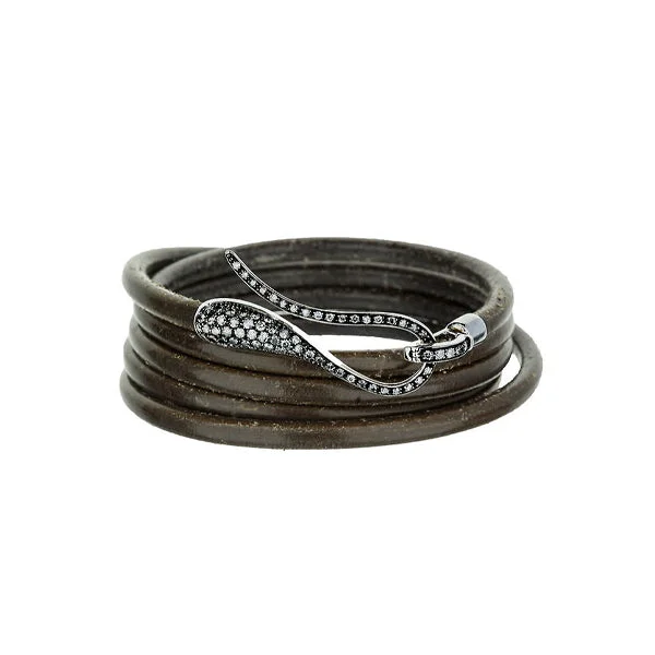 18K White Gold Grey Leather Grey Diamond Hook Wrap Bracelet