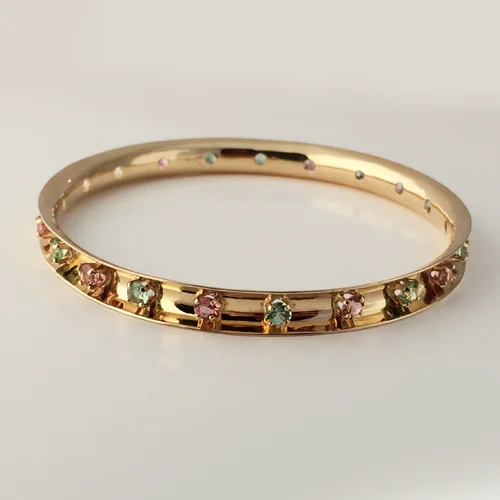 Pink and Green Tourmaline 14k Yellow Gold Bangle Bracelet